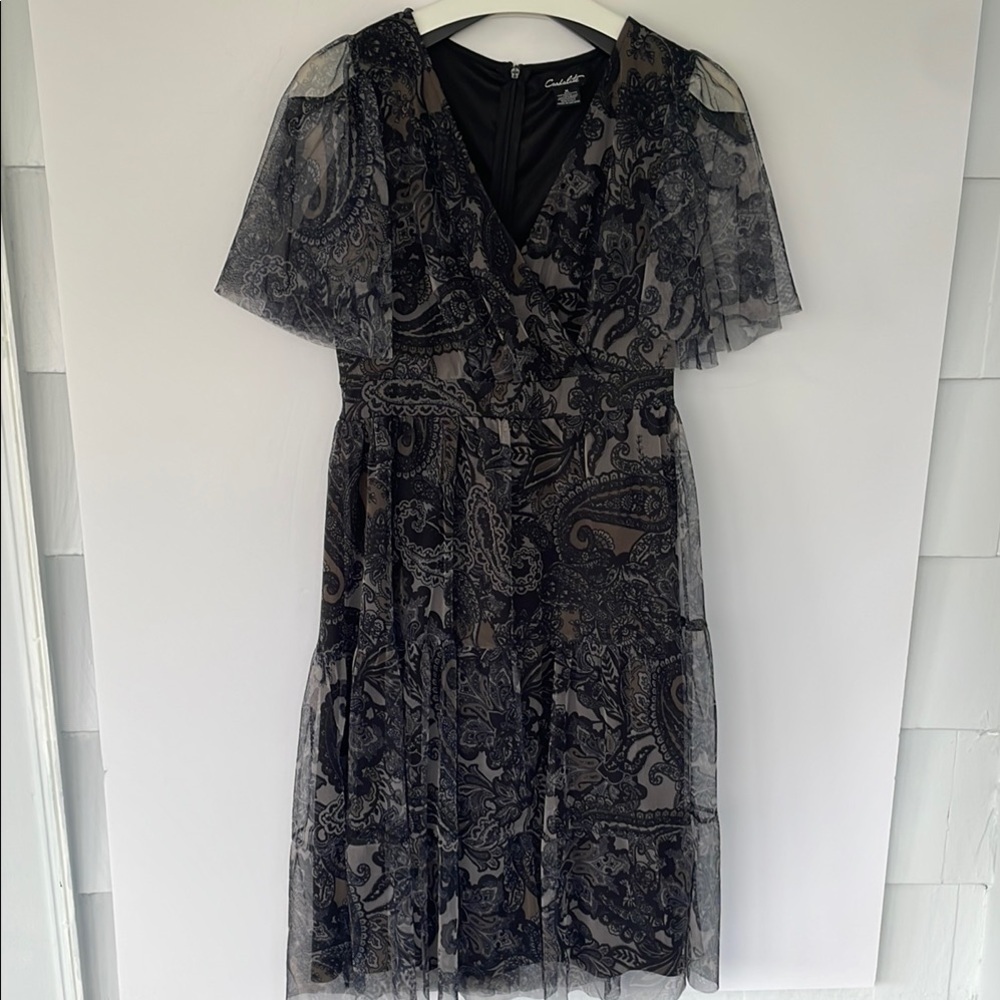 Candalite Floral Mesh Overlay Lined Dress Medium Black Flutter Sleeve Whimsigoth